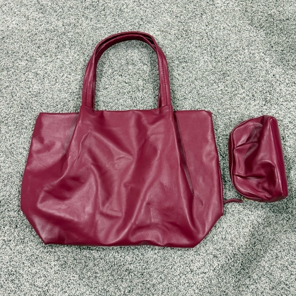 NWOT Neiman Marcus Maroon Burgundy Faux Leather Open Tote W/ Matching Pouch